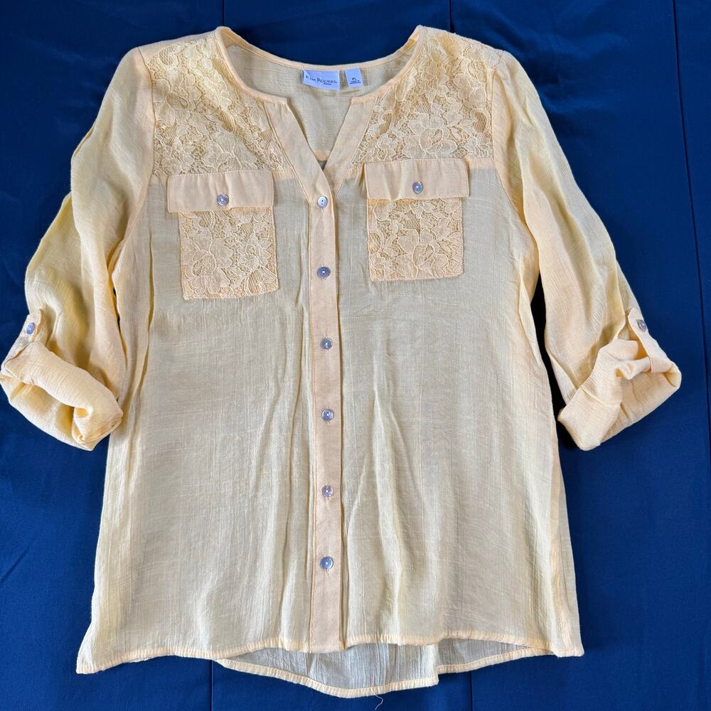 Kim Rogers Petite Womens PL Yellow Lace Roll Tab Blouse Button Front